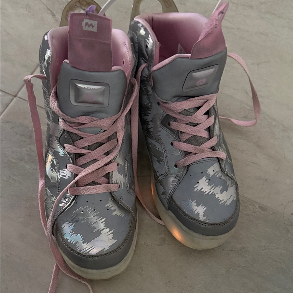 Skechers metallic silver and pink kids high-top sneaker